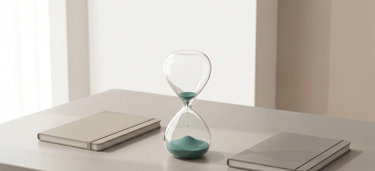 Professional taking a short meditation break between meetings at their desk, eyes closed in a moment of calm