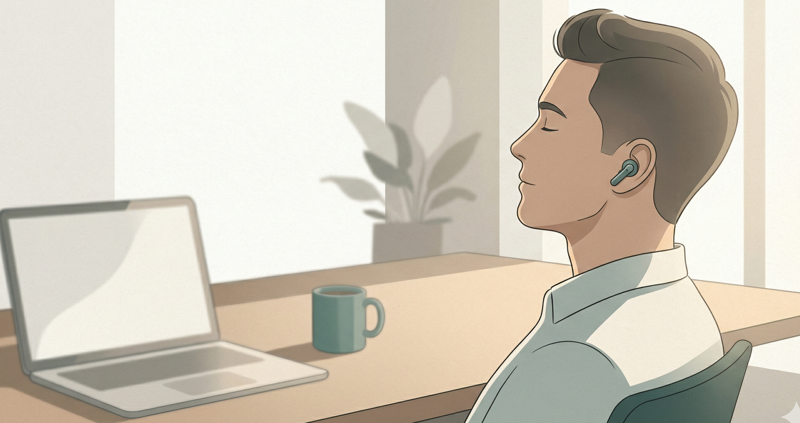 Professional wearing earbuds during a guided meditation session at their work desk